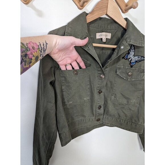 Philosophy Women's Army Green Butterfly Cropped Button Down Jacket - Size M - Picture 3 of 10